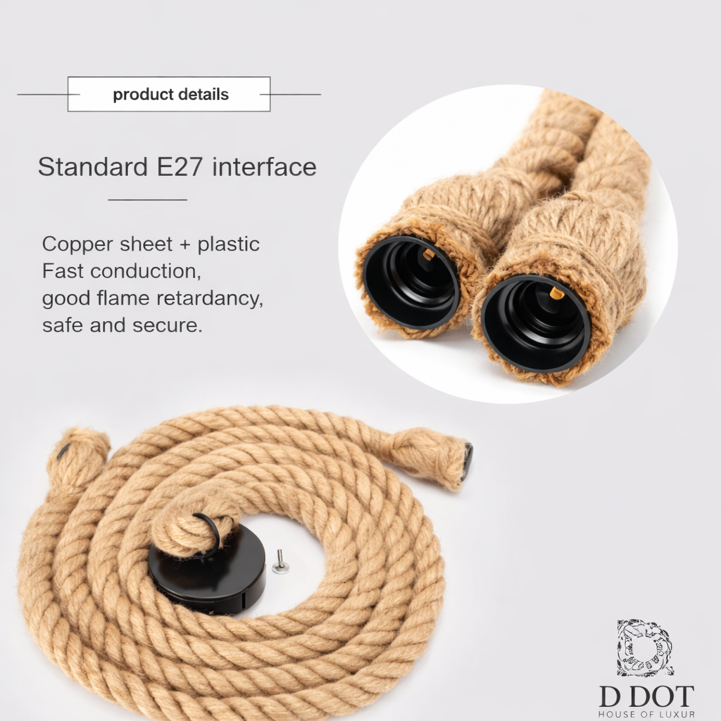 Jute rope ceiling light compatible with colored filament bulbs