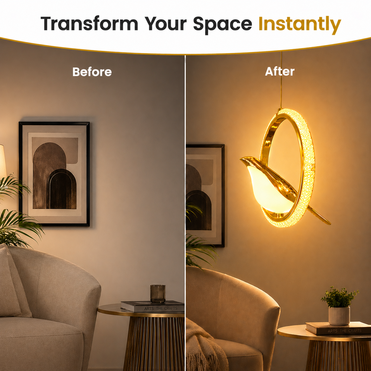 Before and after comparison of a living room with a new light fixture.