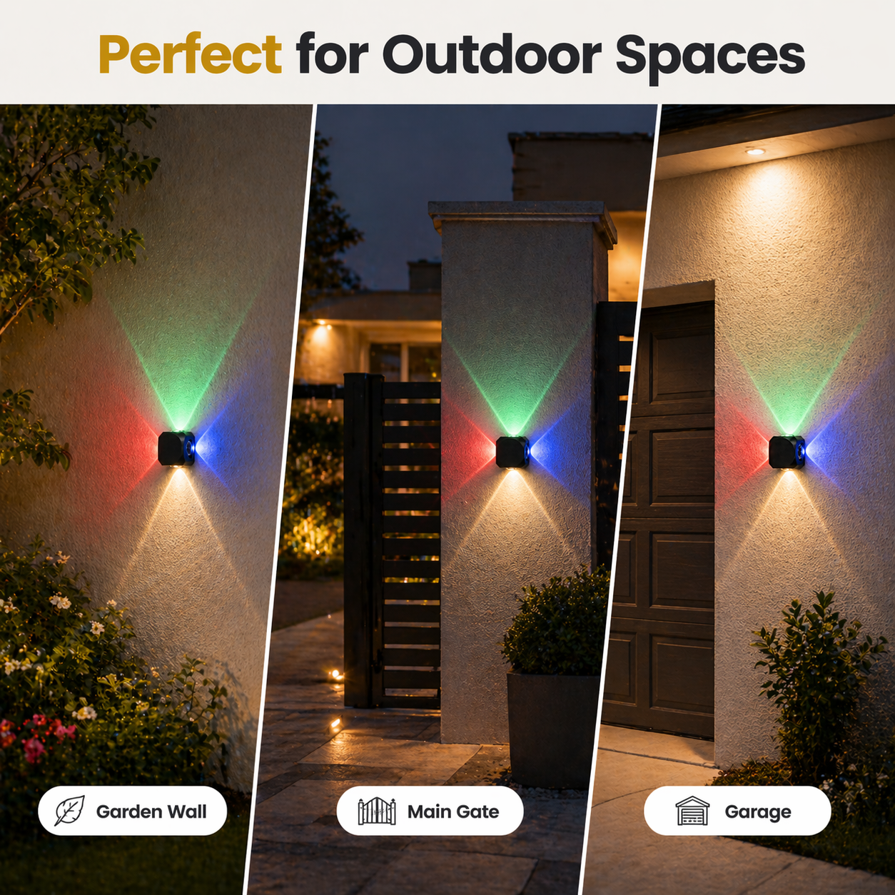 Outdoor wall lights in use on a garden wall, main gate, and garage.