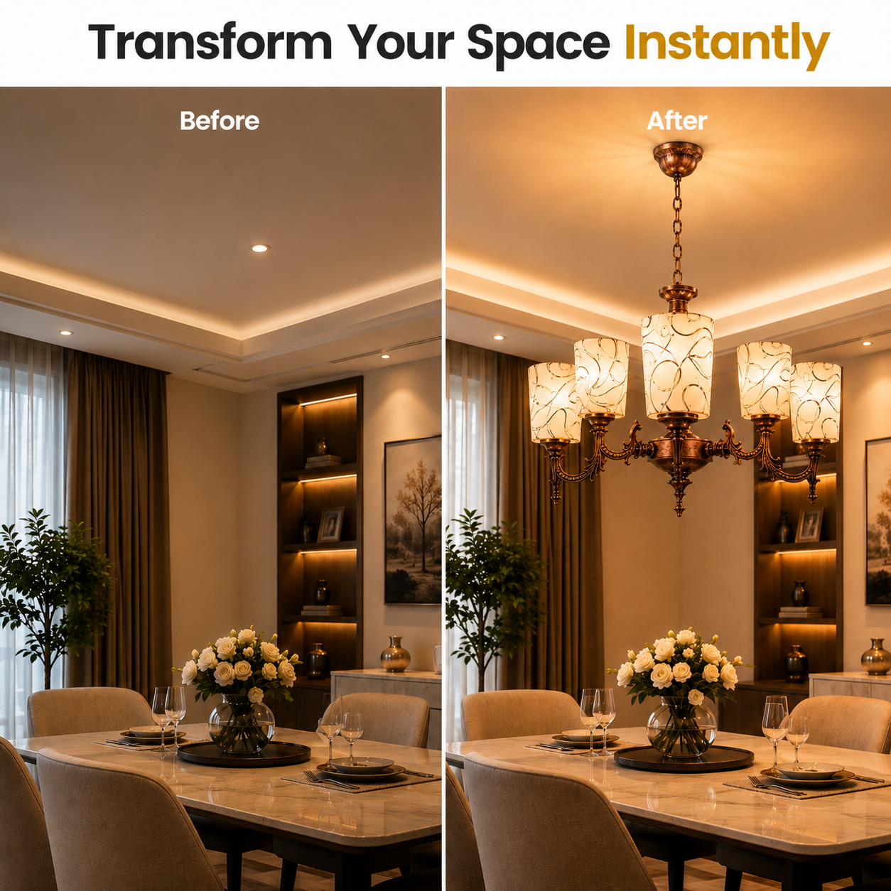 Dining room transformation before and after with a chandelier installation.