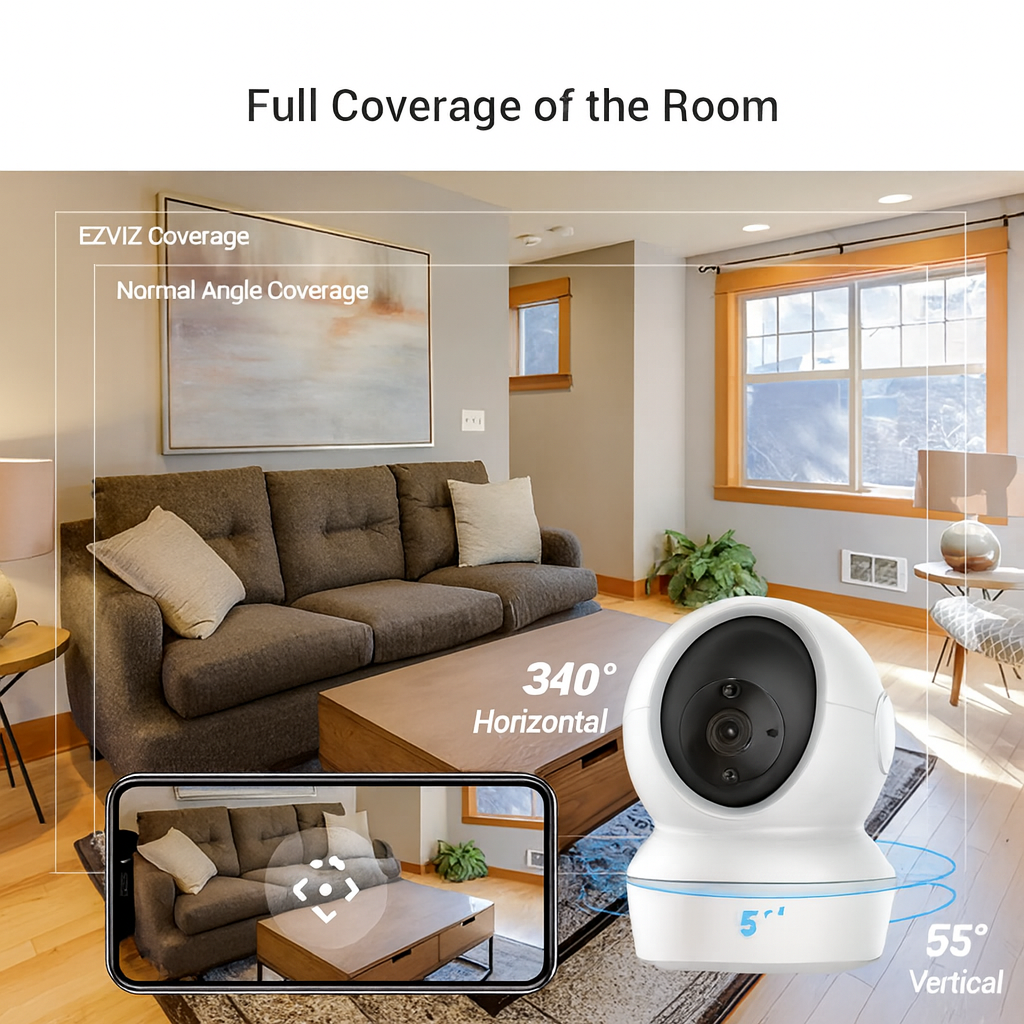 “Night vision smart surveillance camera for complete room coverage.”