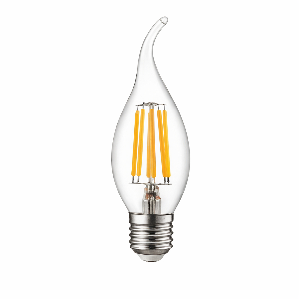 Clear LED light bulb with visible filaments on a white background