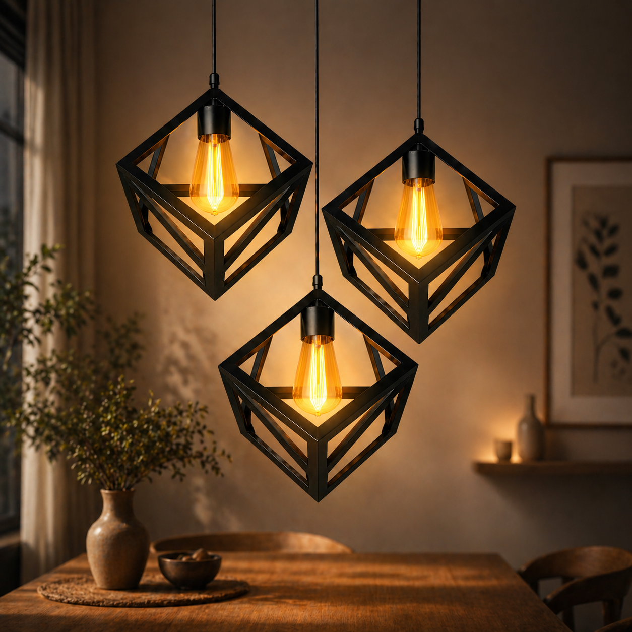 Three geometric pendant lights hanging above a wooden table in a warm-lit room.