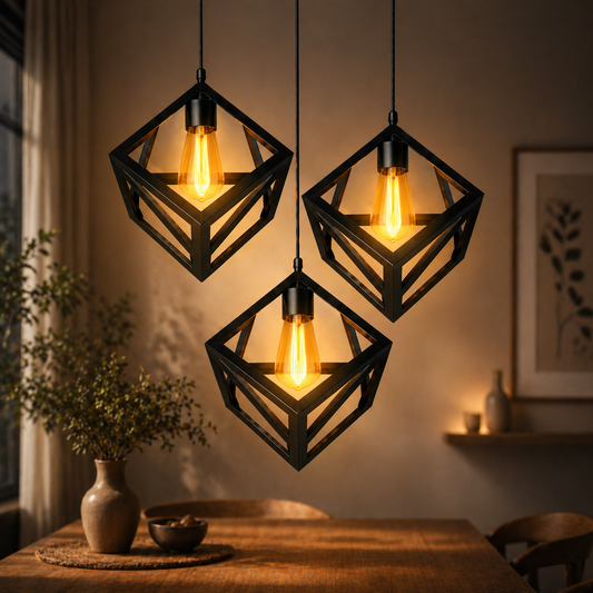 Three geometric pendant lights hanging above a wooden table in a warm-lit room.