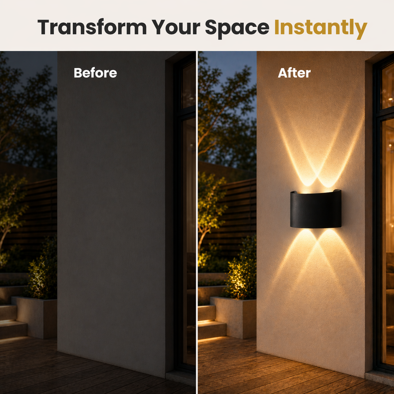 Before and after comparison of outdoor wall lighting installation.