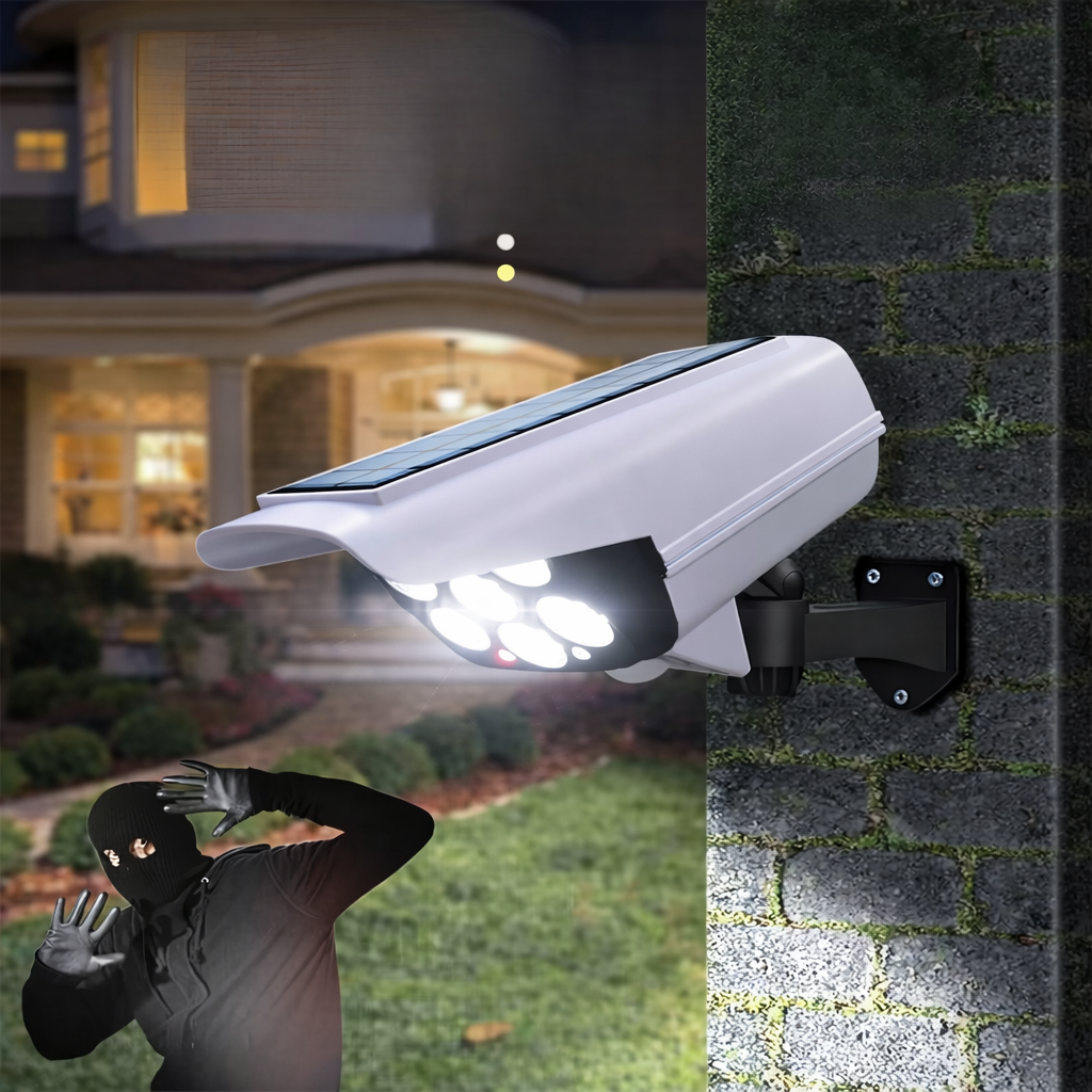 Solar security camera mounted on a wall with a house in the background