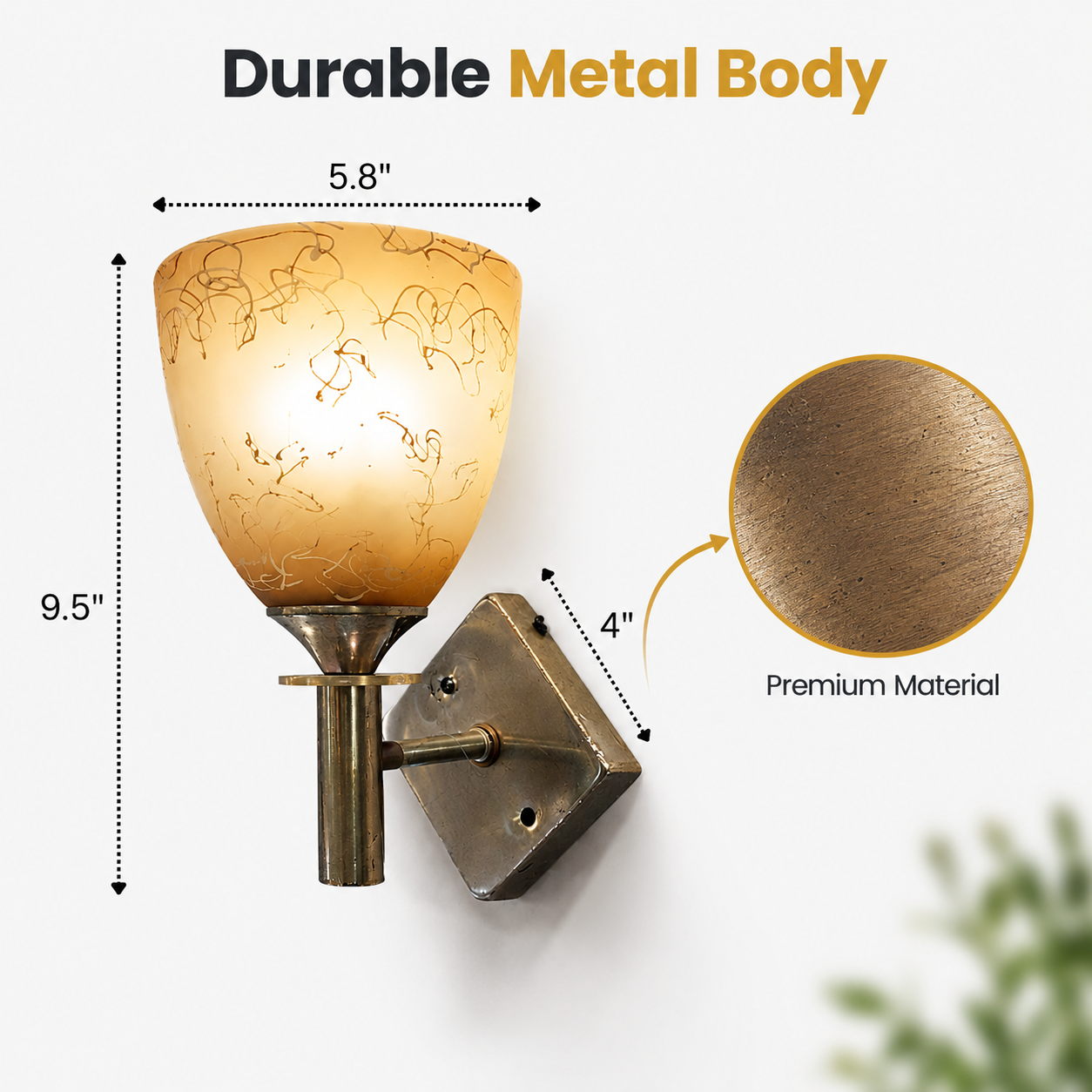 Wall sconce with durable metal body and decorative glass shade, showing dimensions and material details.