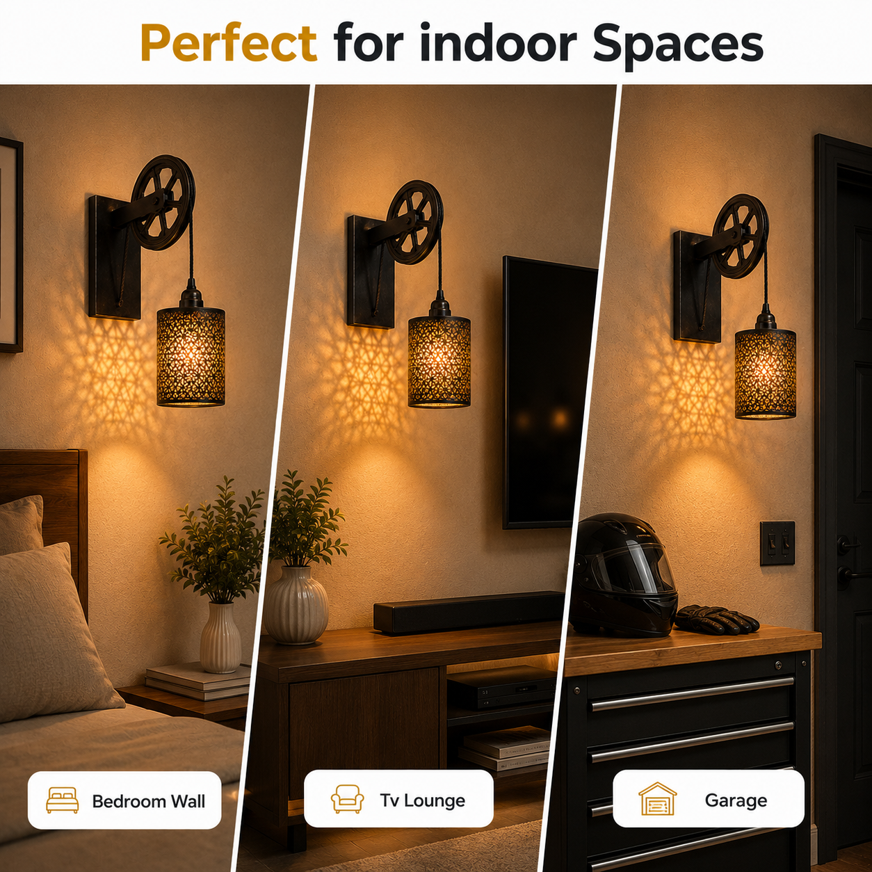 Industrial Pulley Wall Lamp Metal Lantern Warm Glow