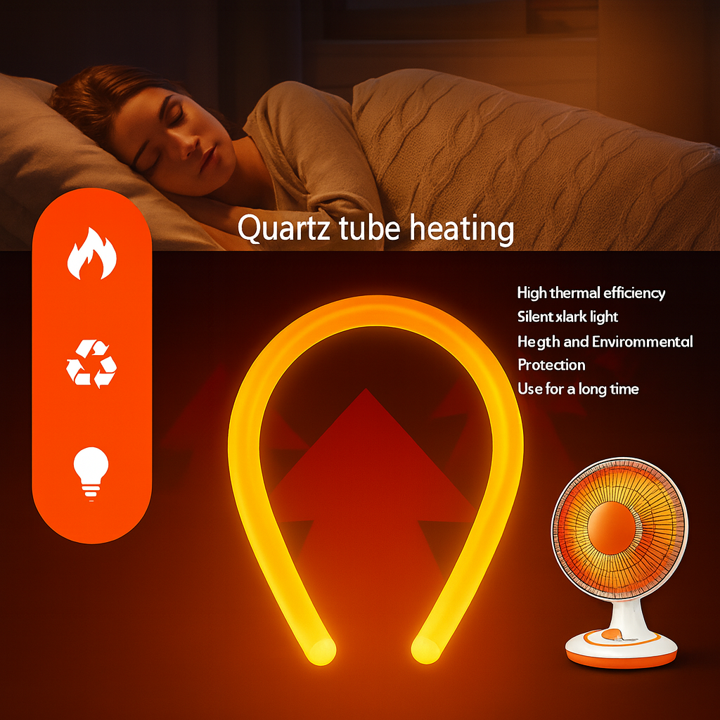 Person sleeping with a heating device, showing quartz tube heating technology.