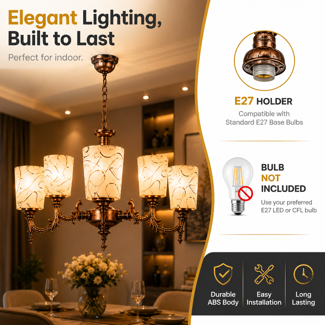 Chandelier with decorative glass shades in a dining room setting, featuring text about bulb compatibility and product features.