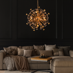 Luxury gold crystal chandelier illuminating elegant living room interior design”