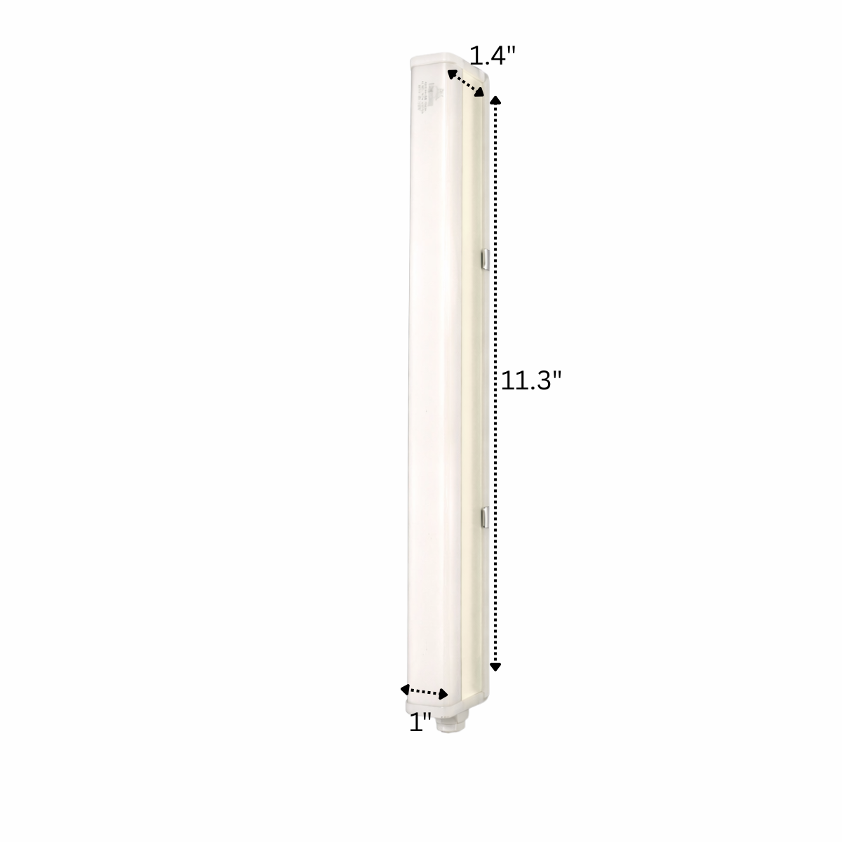 Frosted LED light bulb with measurements on a white background