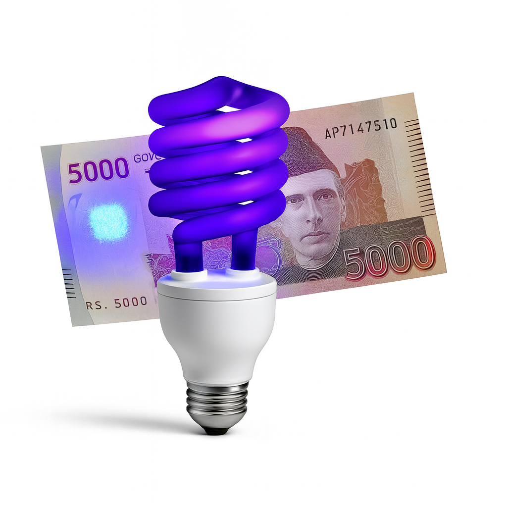 CFL light bulb in front of a 5000 Indian Rupee note
