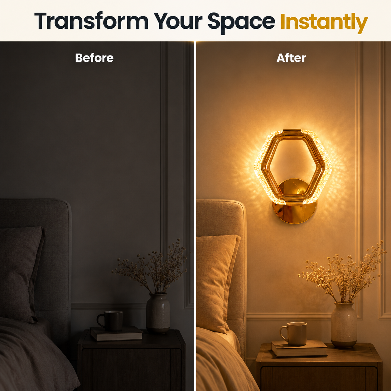 Before and after comparison of a bedroom with a wall sconce adding warmth and light.