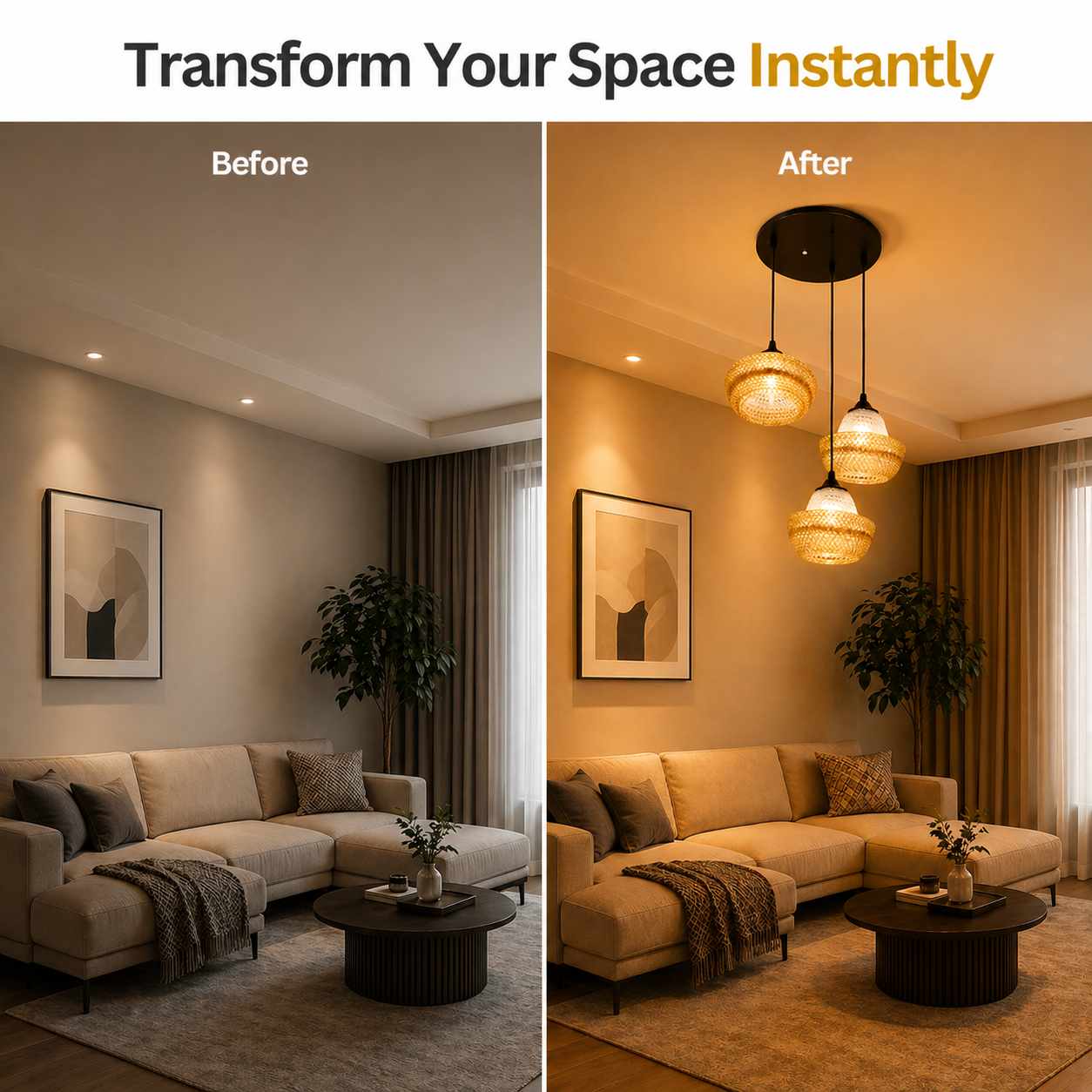 Before and after comparison of a living room with added lighting fixtures.
