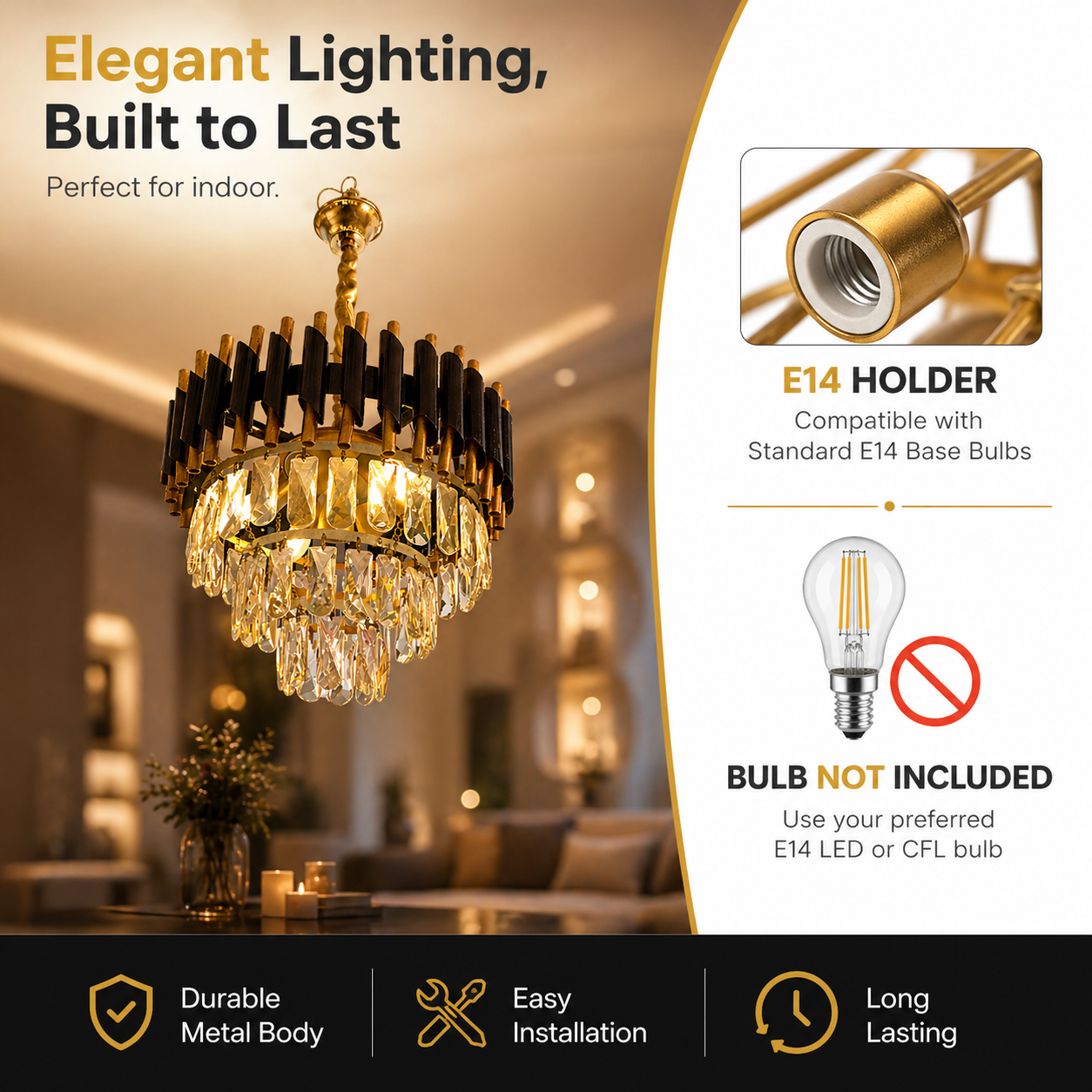 Gold chandelier with E14 holder and bulb compatibility information in a home setting.