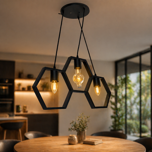 Modern hexagon pendant light hanging above wooden dining table