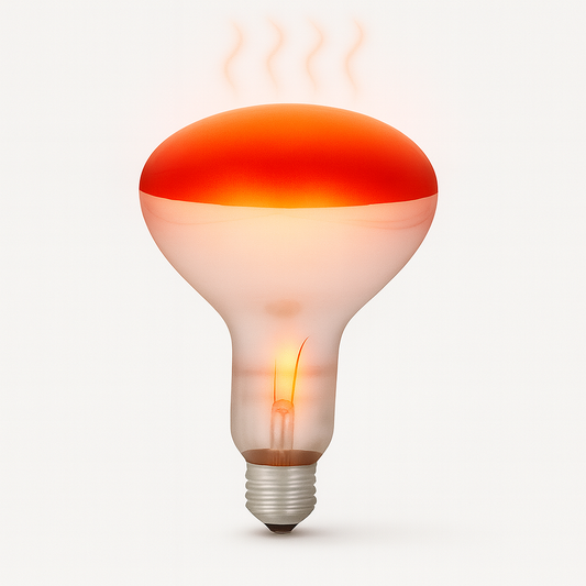 Infrared heat therapy bulb warming chicks with soft red light