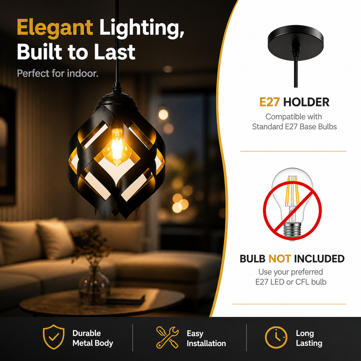 Light fixture with bulb not included text and product features on a blurred indoor background