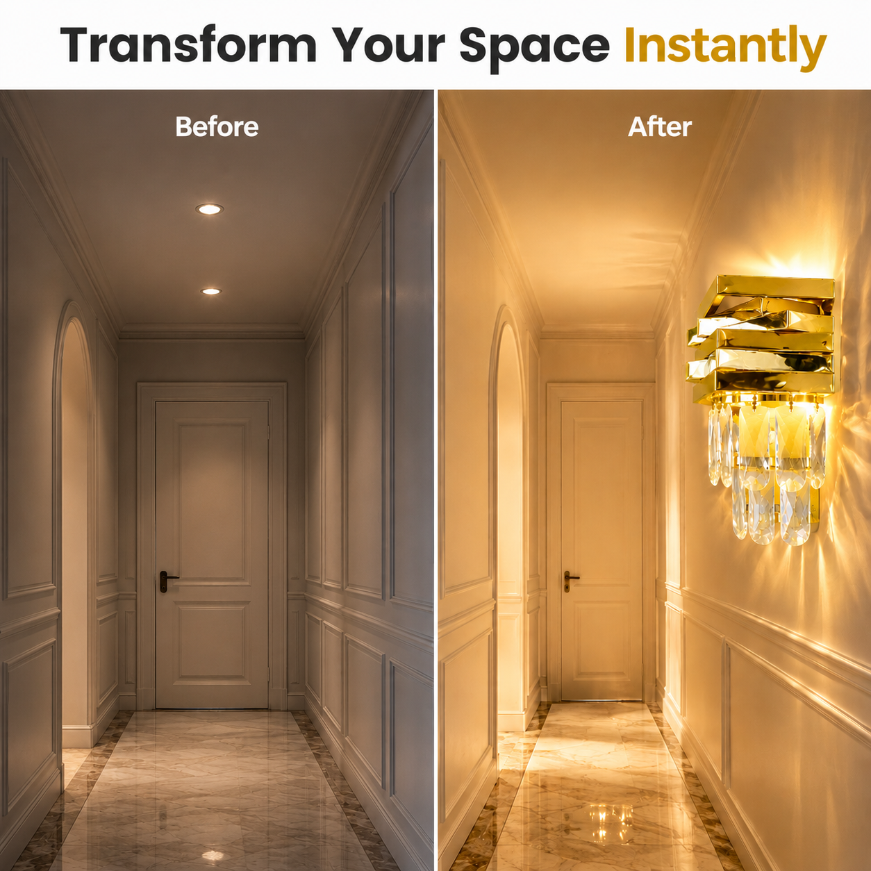 Before and after comparison of a hallway with a gold wall sconce.