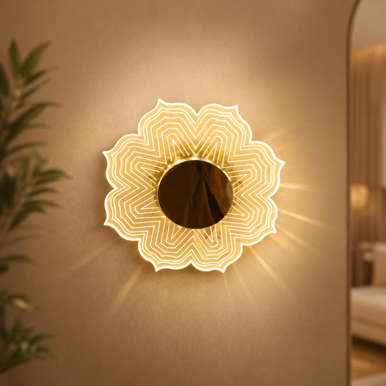 Decorative wall light fixture with intricate design on a beige wall.
