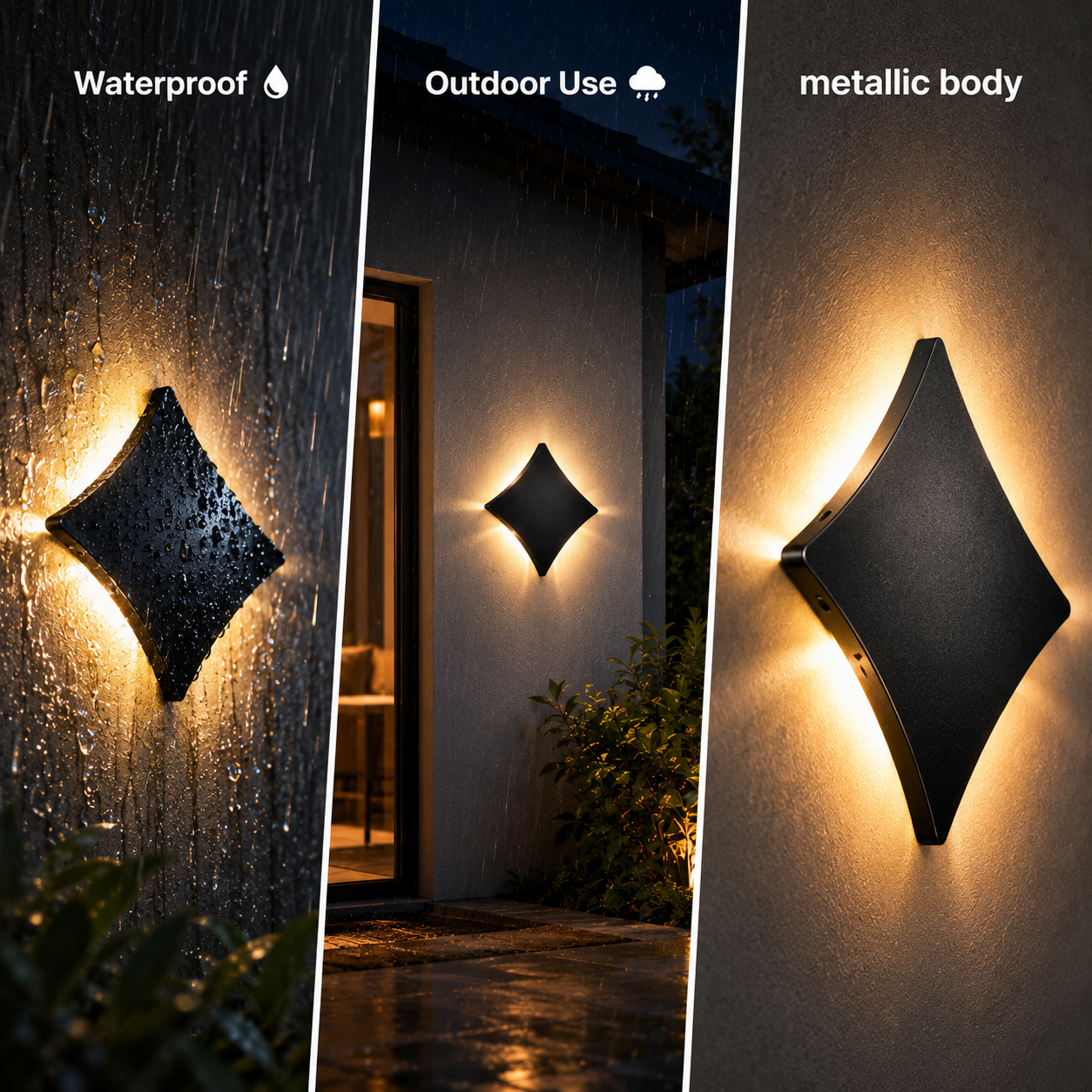 Diamond-shaped outdoor wall light fixture with waterproof, outdoor use, and metallic body features.