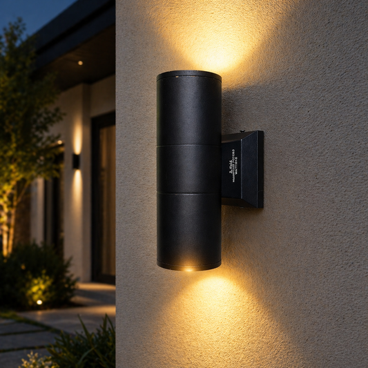 Black outdoor wall light fixture on a textured wall with a building and garden in the background.