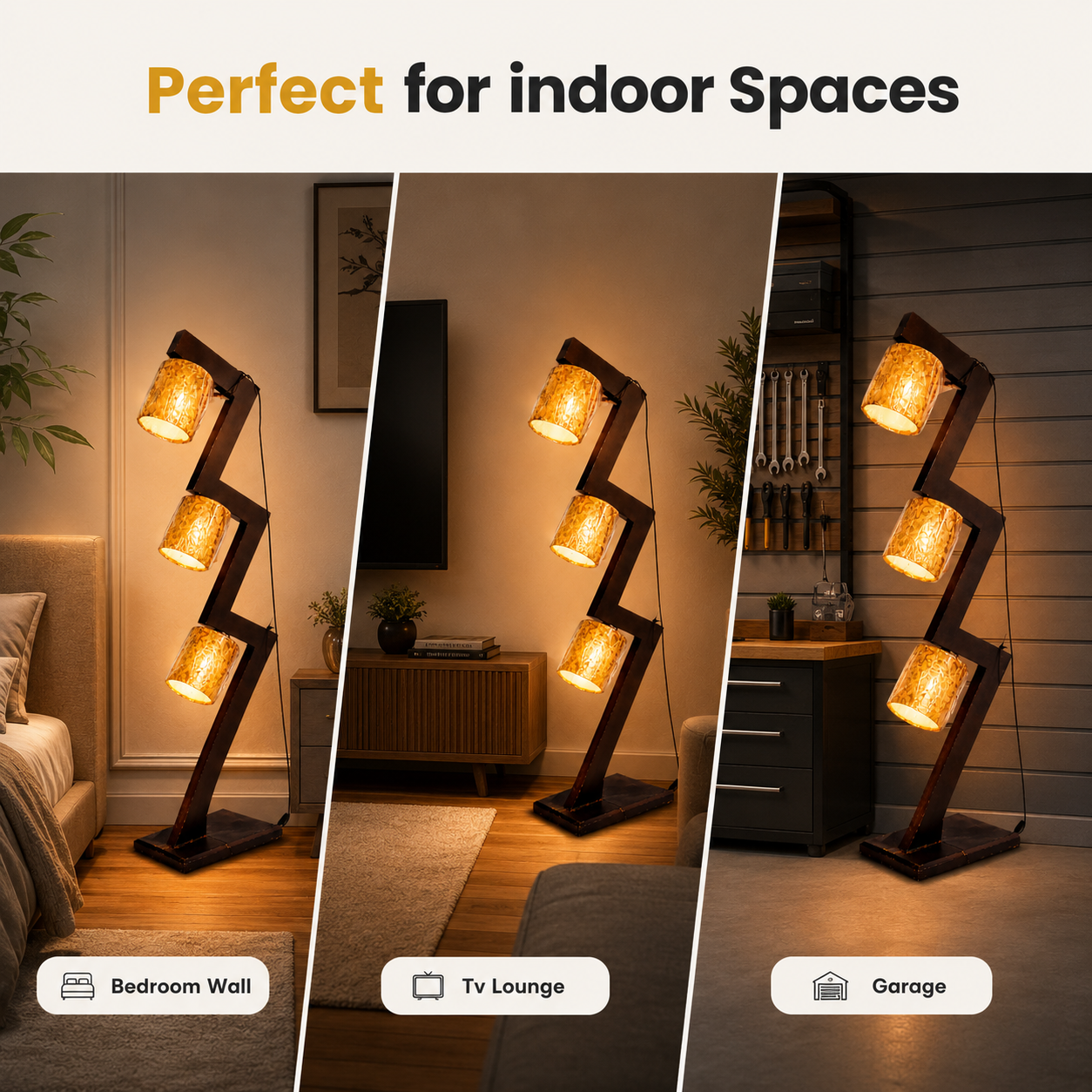 Three different settings with a modern floor lamp labeled 'Perfect for indoor Spaces'.