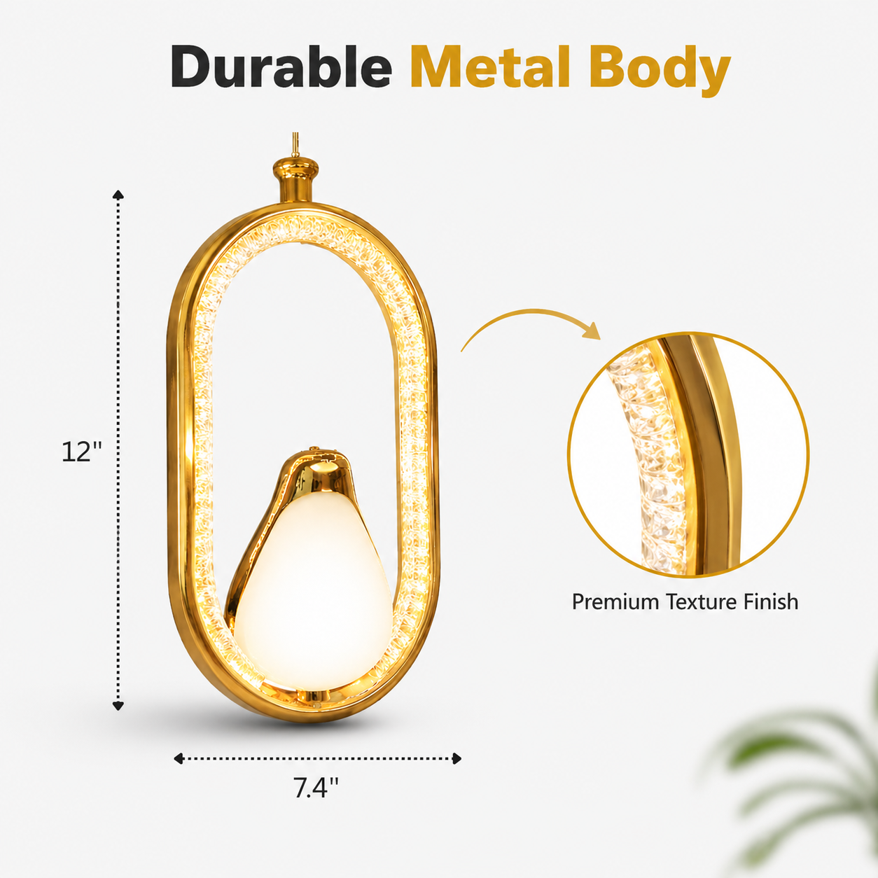 Gold pendant light with measurements and texture finish details on a white background