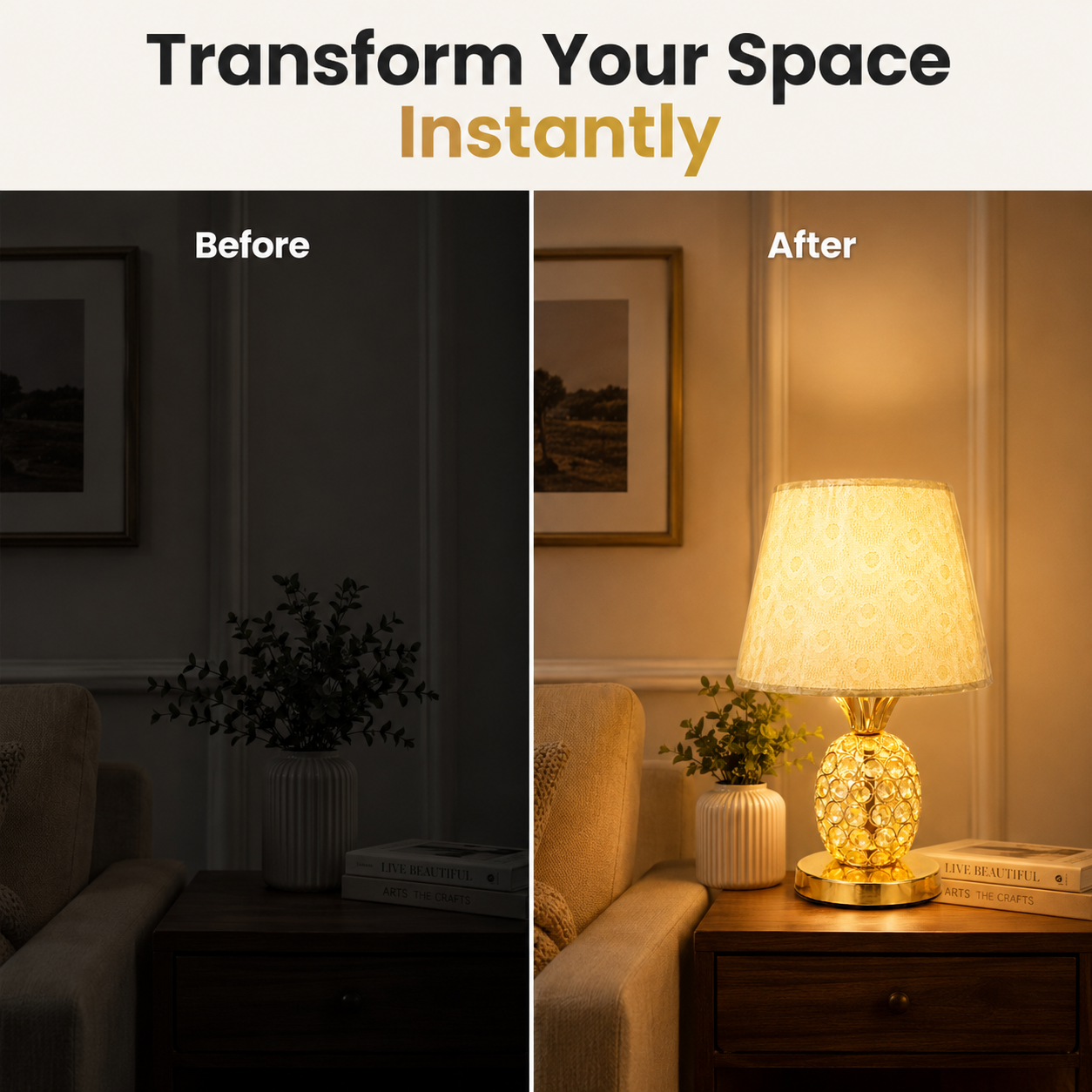 Before and after comparison of a living room with a lamp added to transform the space.