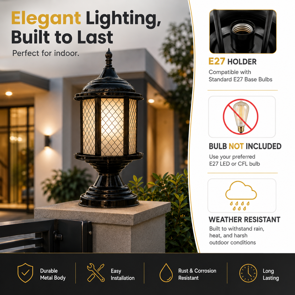 Outdoor lamp with features highlighted on a promotional graphic