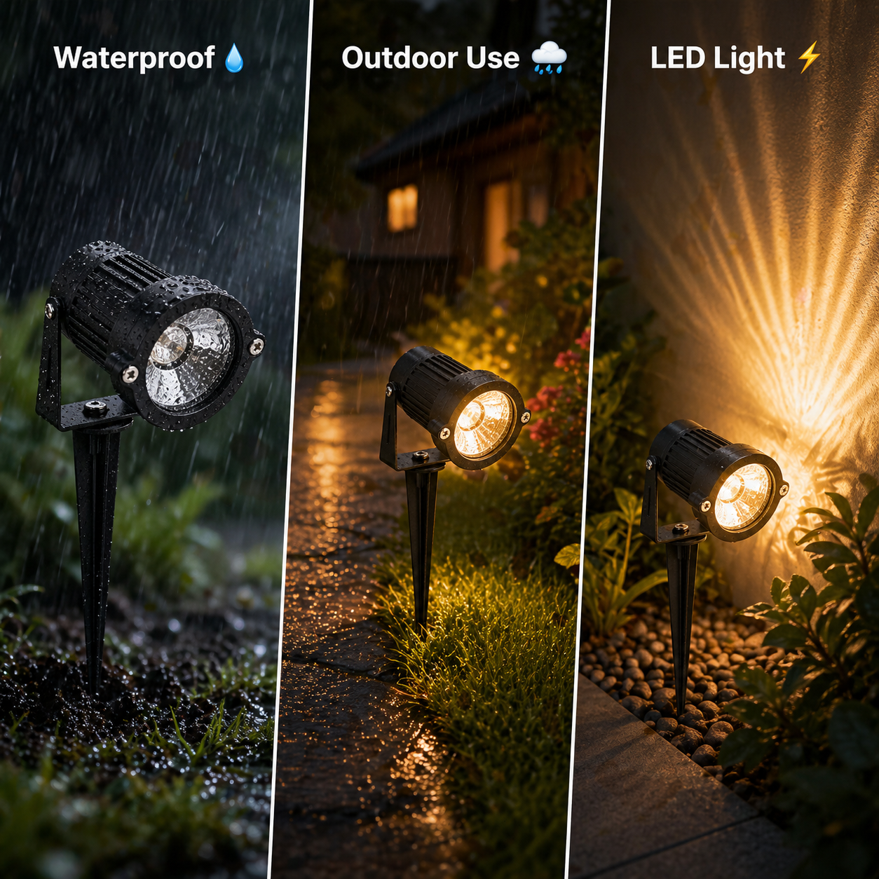 Outdoor garden light with waterproof, outdoor use, and LED light features.