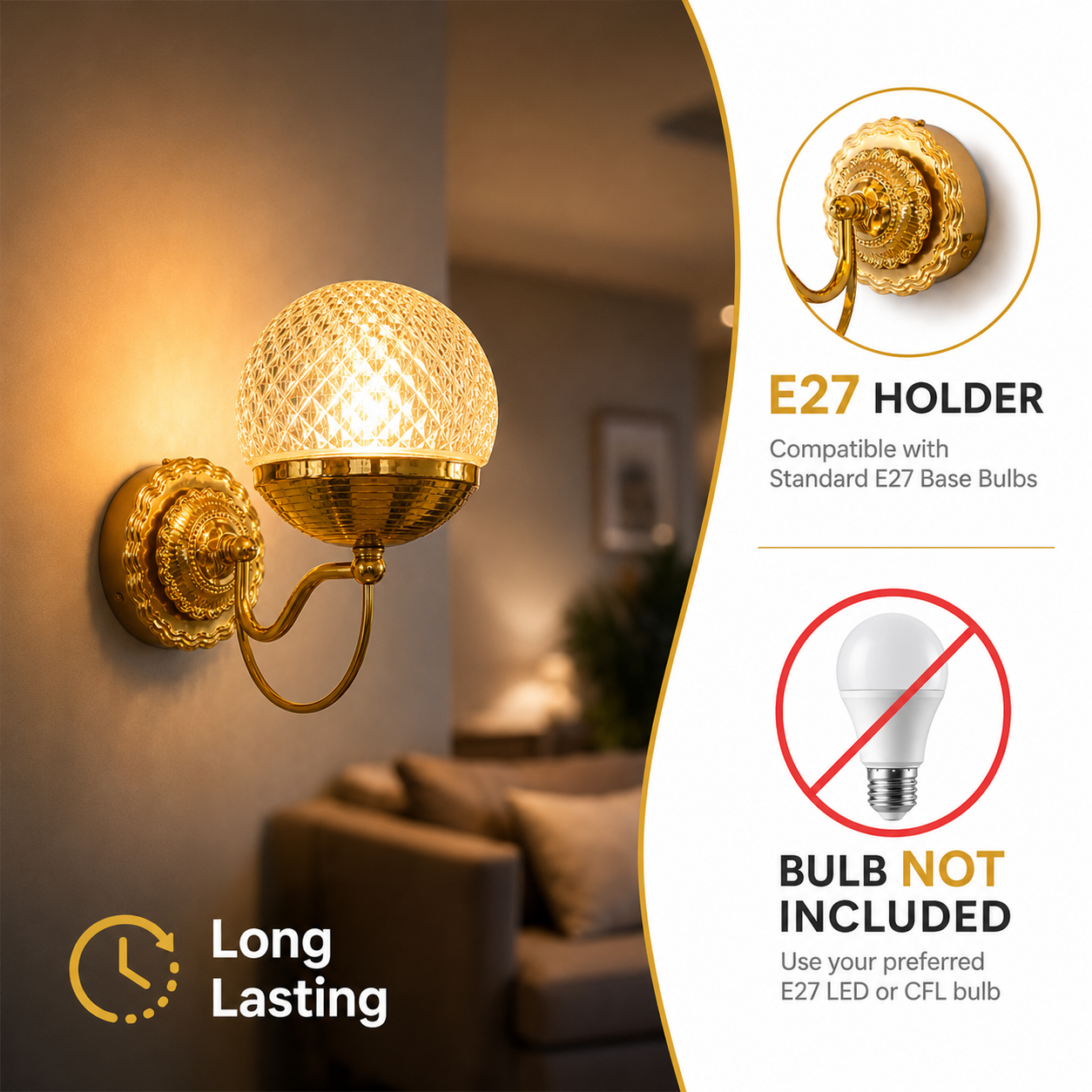Gold wall sconce light fixture with bulb holder information in a living room setting