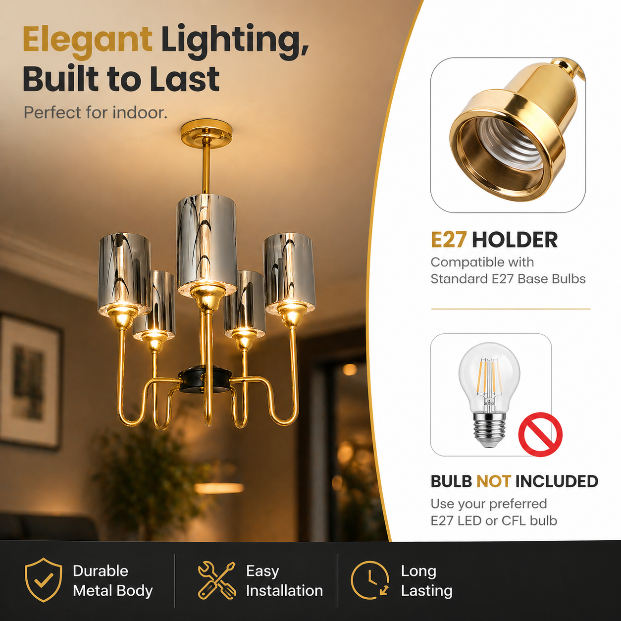 Chandelier with E27 holder and bulb compatibility information on a blurred indoor background