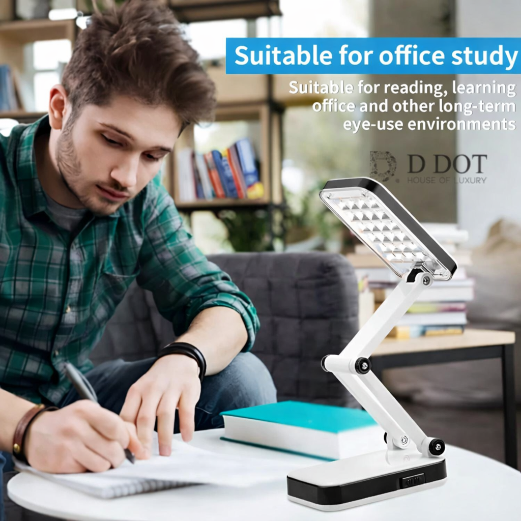 Person studying with a desk lamp in an office setting, featuring the D DOT brand.
