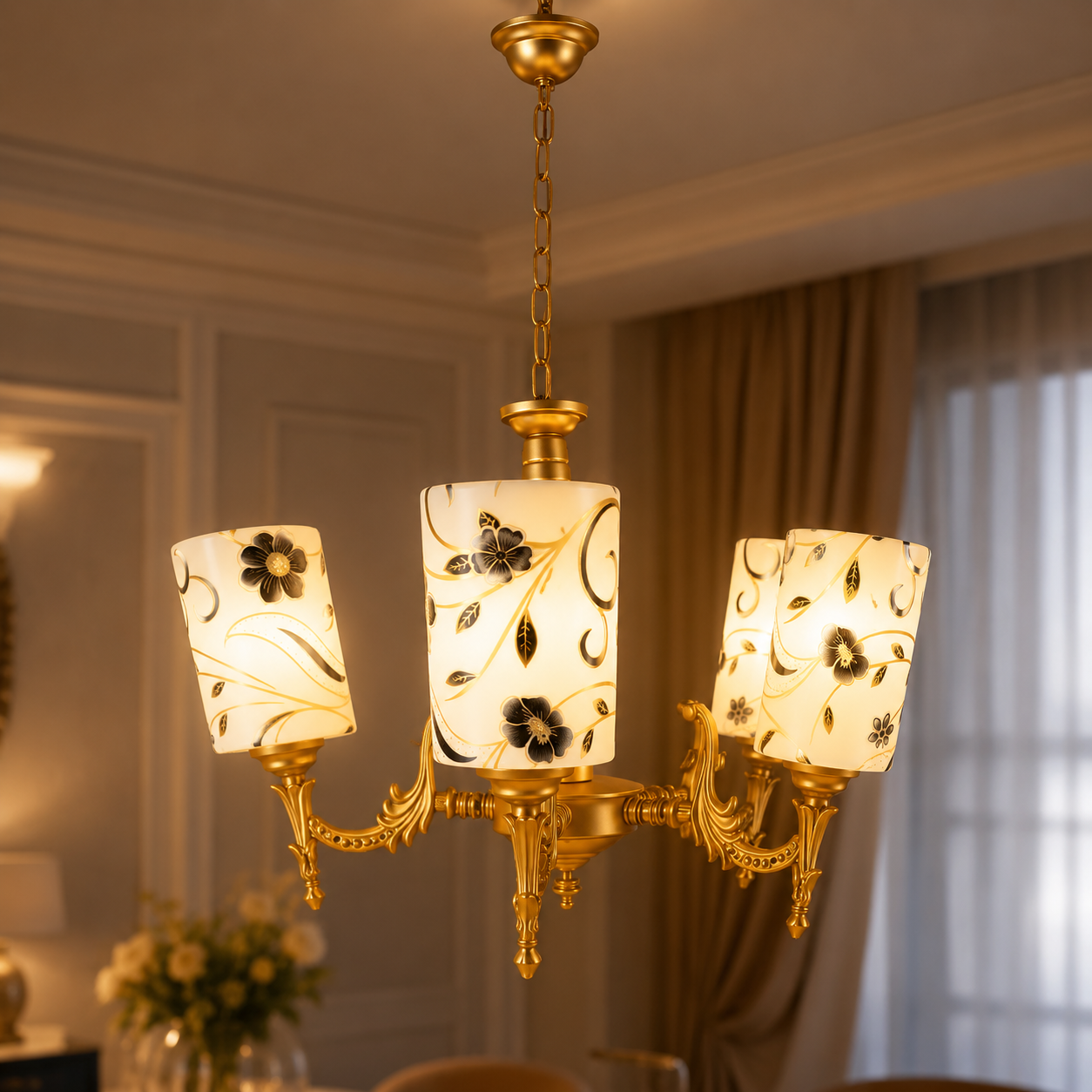 Decorative chandelier with floral lampshades in a room setting