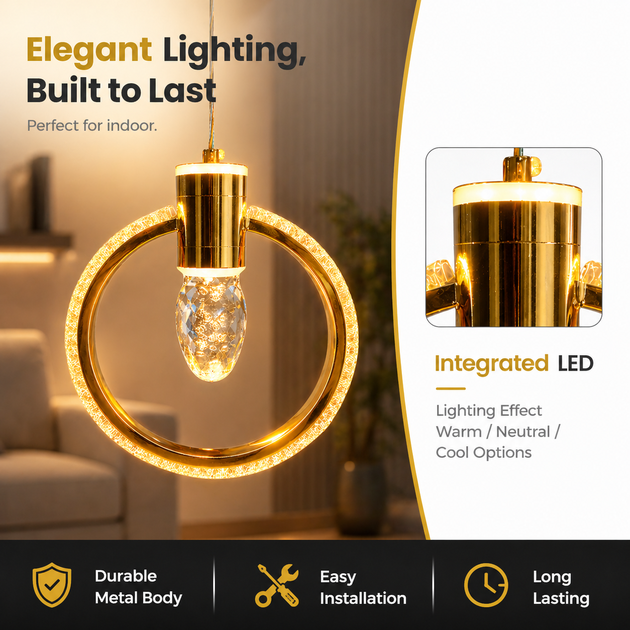 Modern Gold Crystal Ring Pendant Light for Living Room Elegance