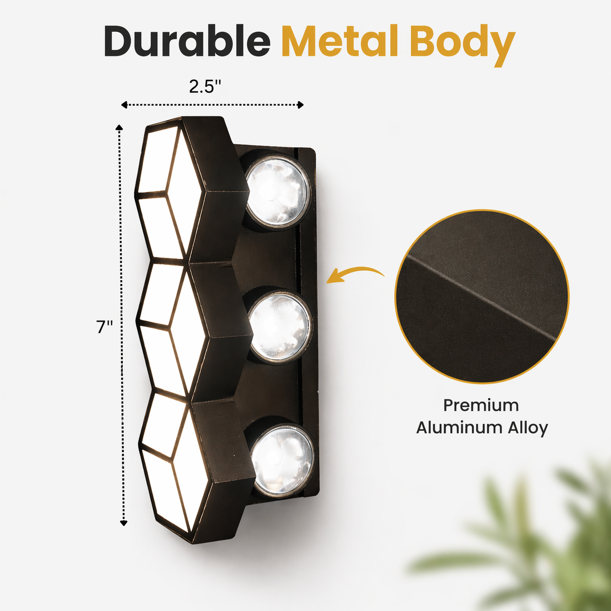 Wall-mounted light fixture with dimensions and material details on a white background