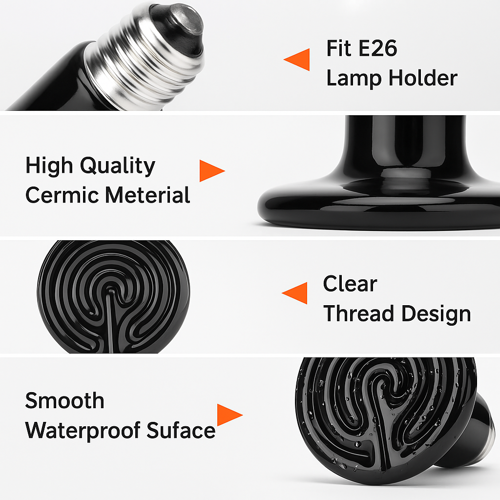 Features of a high-quality ceramic light bulb with text labels on a white background