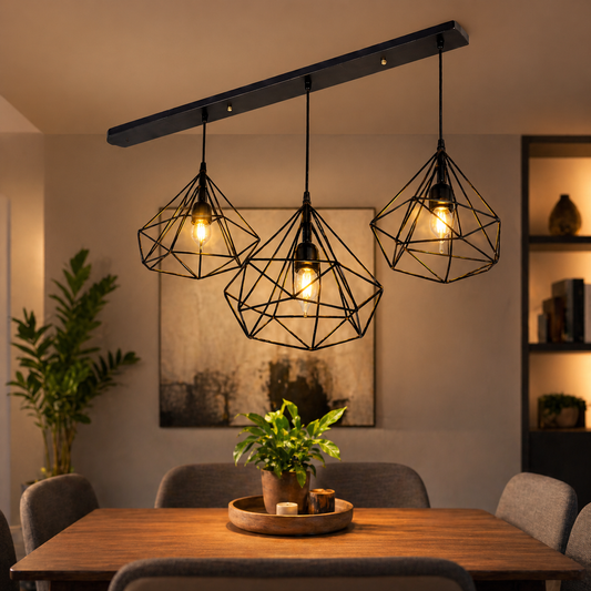 Modern pendant lights hanging above a dining table in a cozy room.