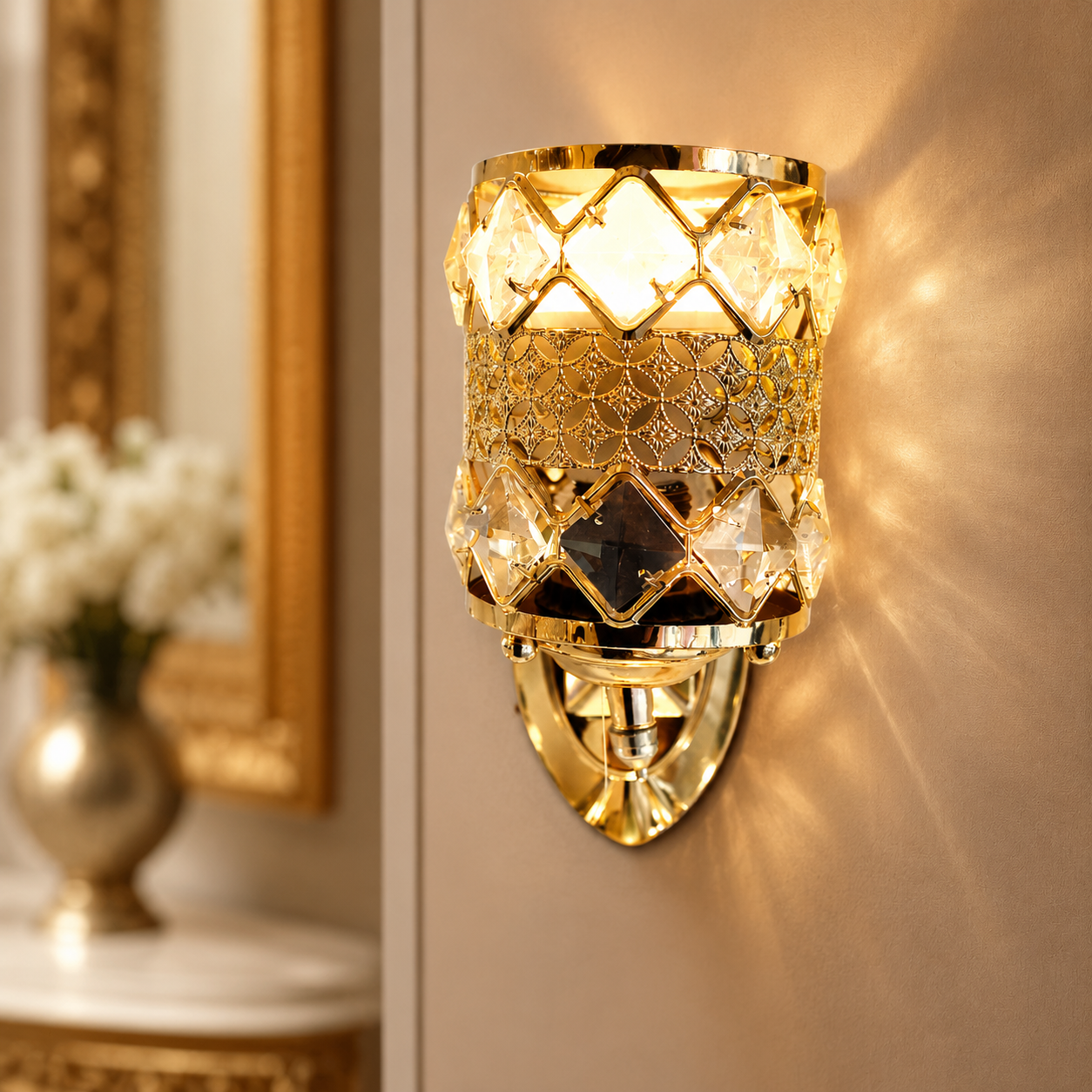 Decorative wall sconce with crystal design on a wall.