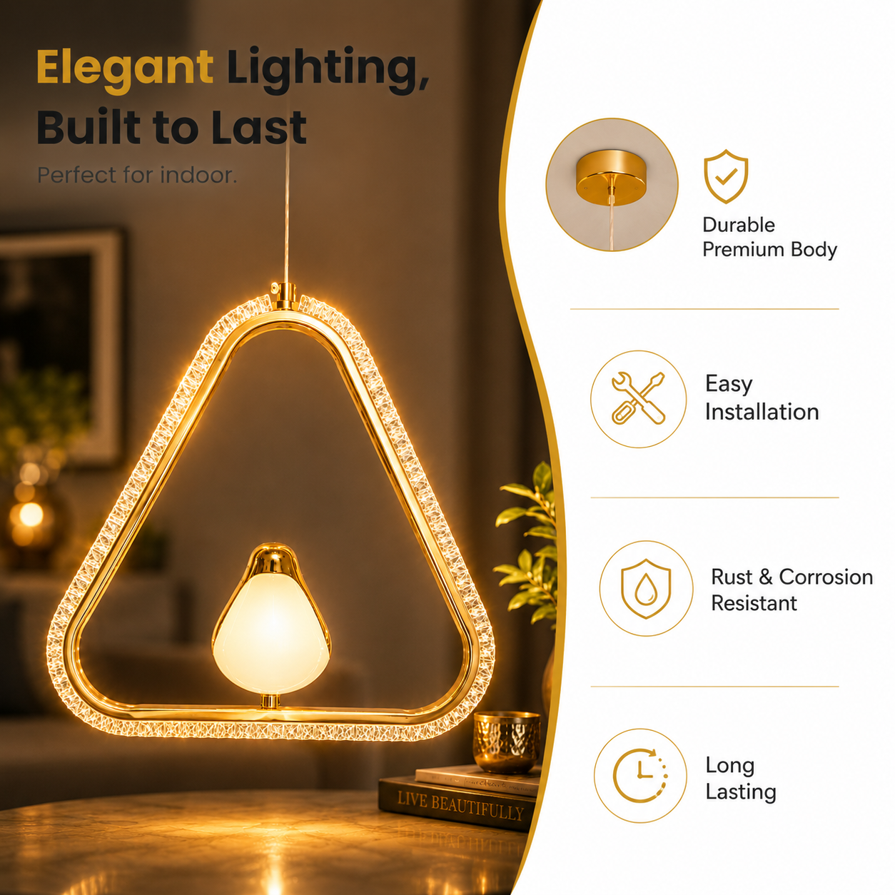 Triangular pendant light with a warm glow, set against a blurred indoor background.