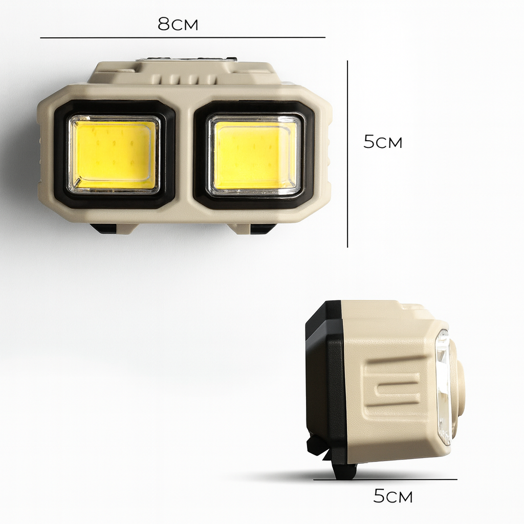 Beige dual LED headlamp with size labels 8x5x5 cm on white background
