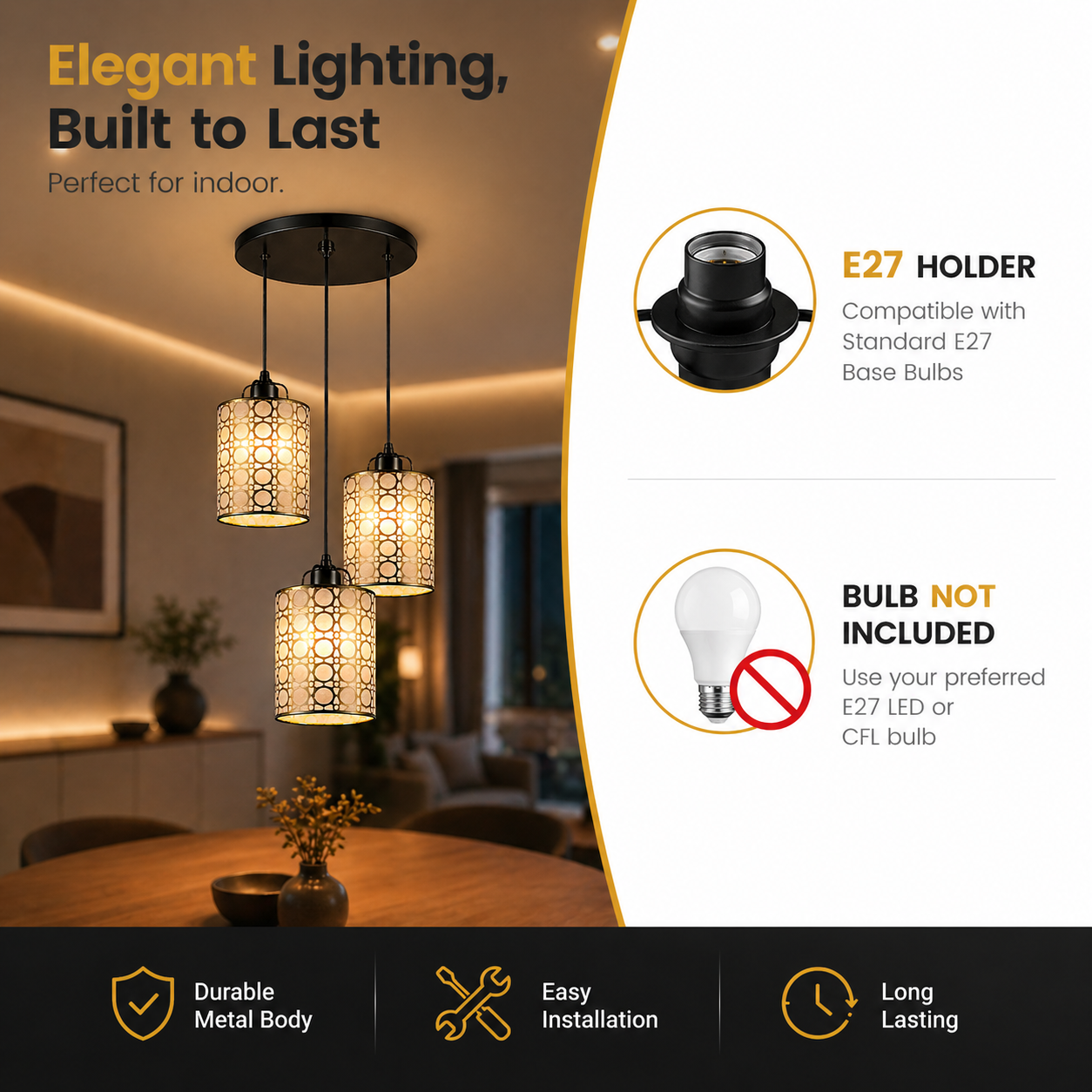 Light fixture with E27 holder and bulb compatibility information on a white background