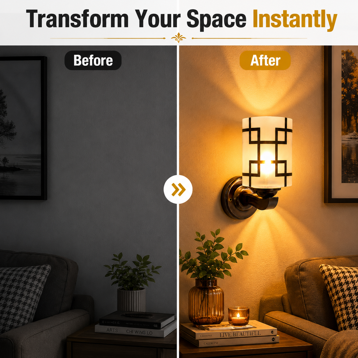 Before and after comparison of a living room with a wall sconce added.