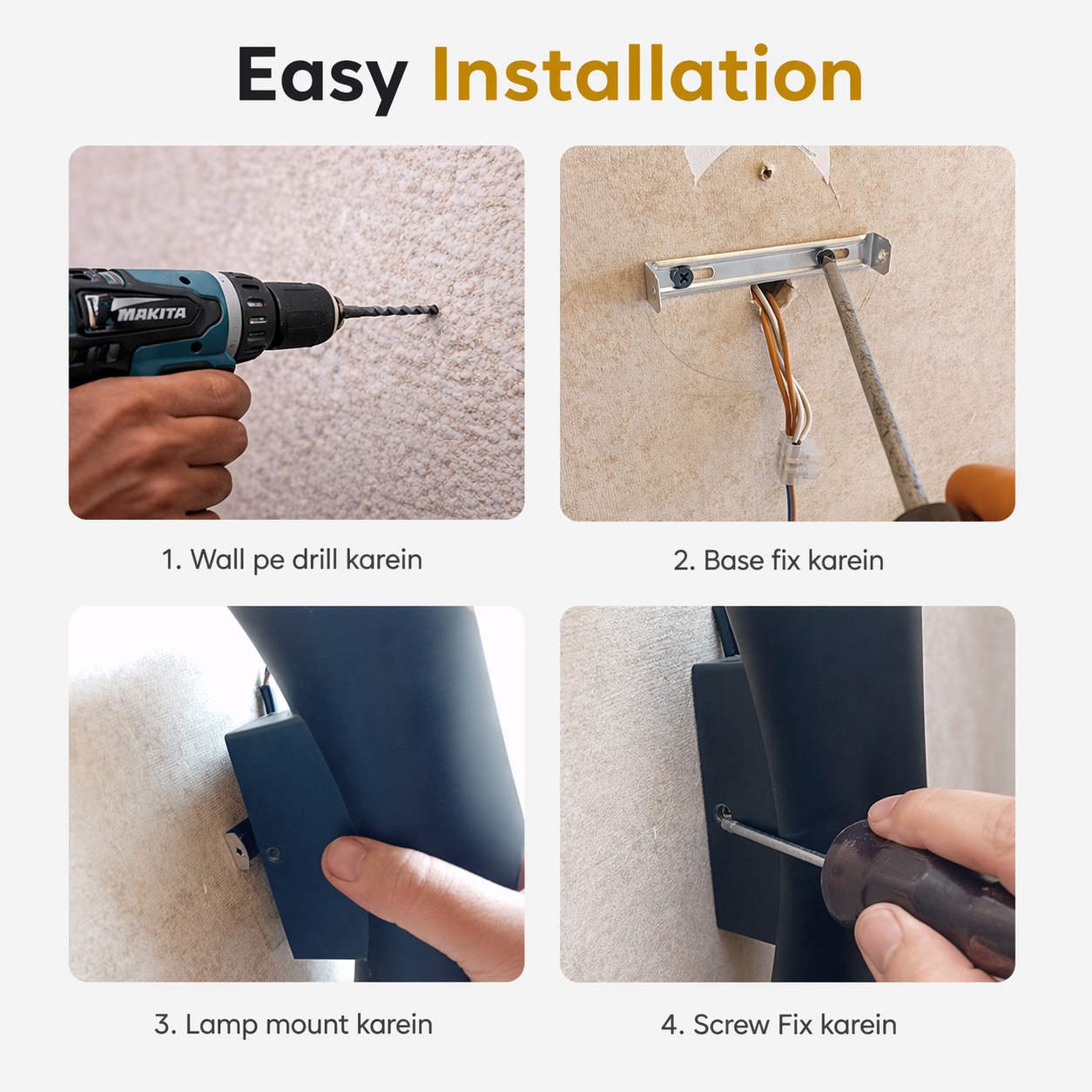 Step-by-step installation guide with tools and actions on a white background