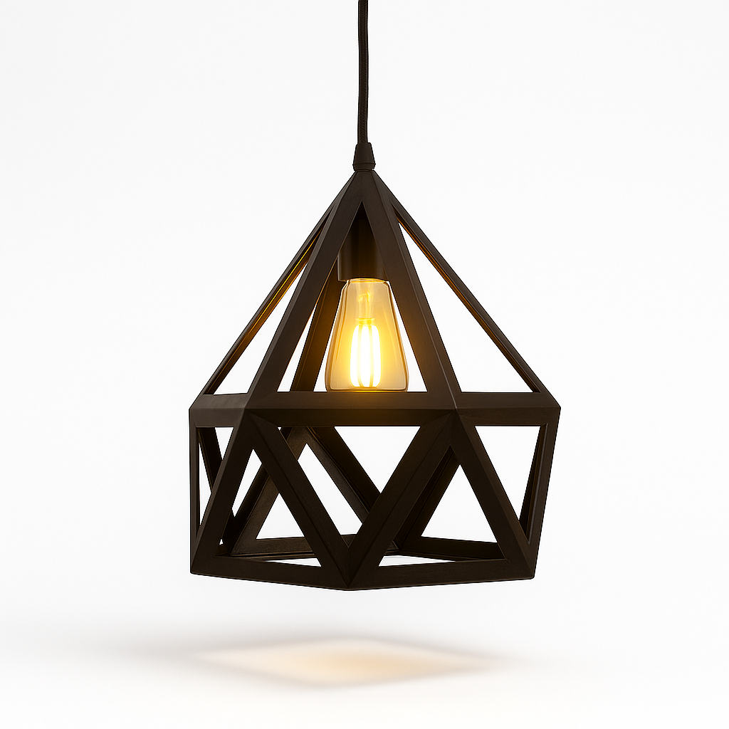 Geometric pendant light with a warm glow on a white background