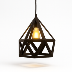 Geometric pendant light with a warm glow on a white background