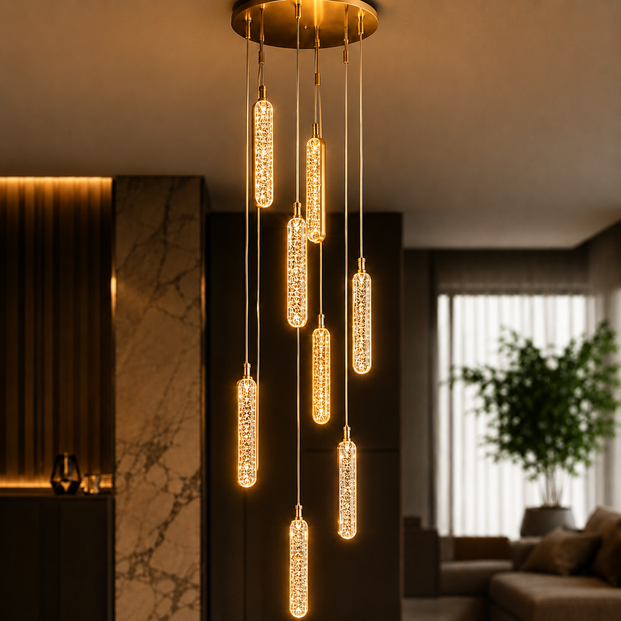 Modern chandelier with hanging lights in a living room setting