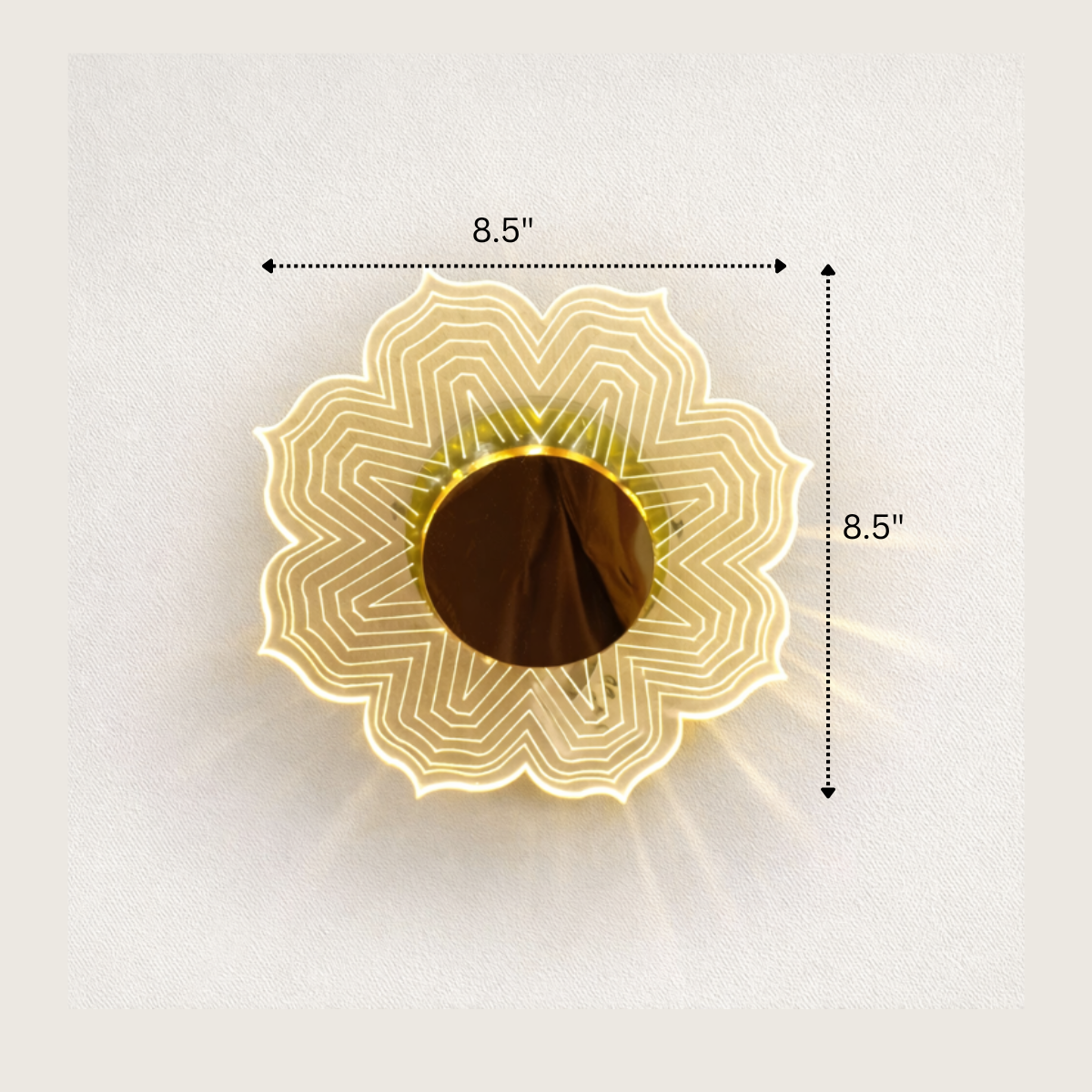 Decorative wall mirror with geometric design and measurements on a white background